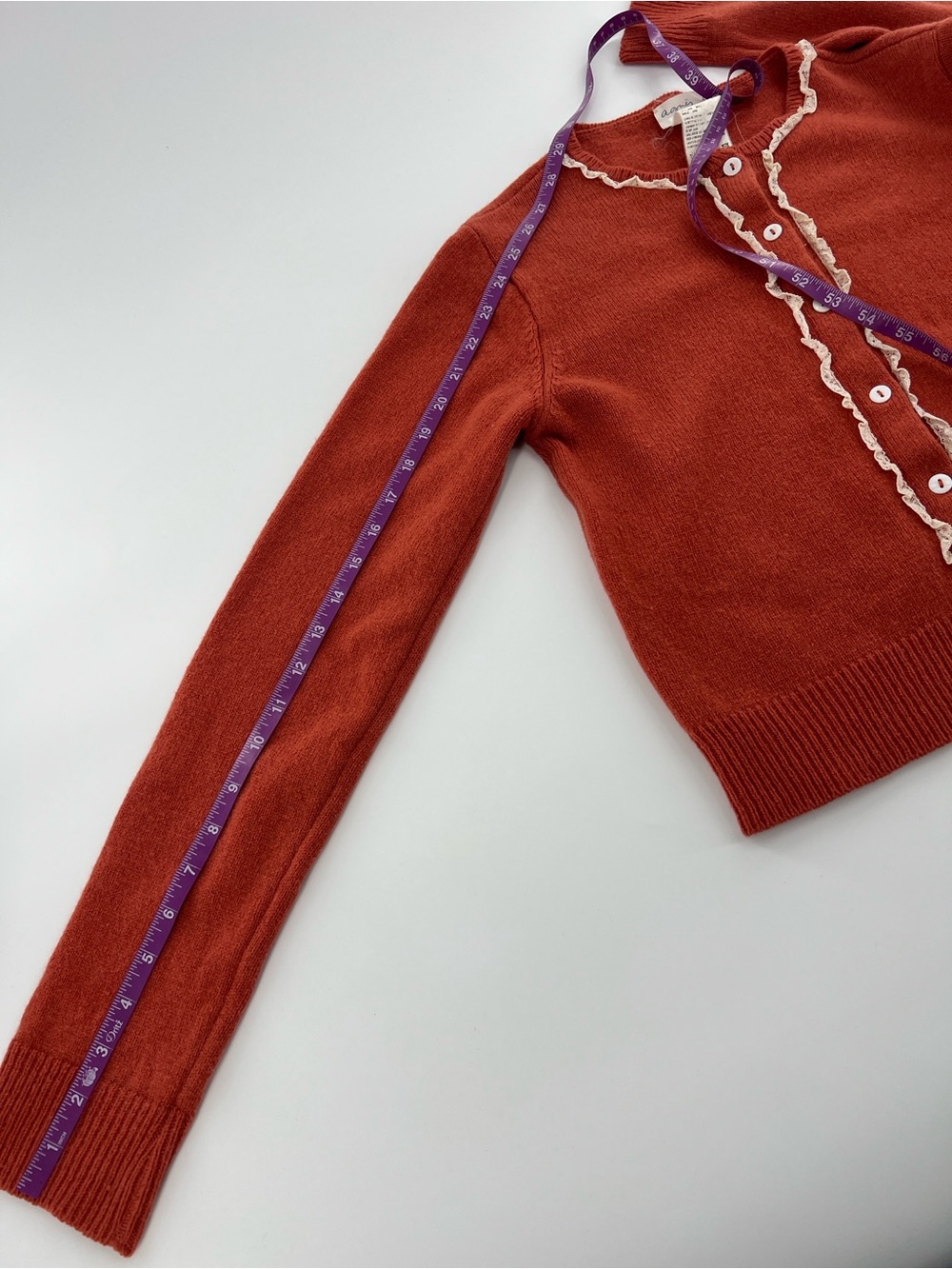 Vintage Agnes B. Rust Red Ruffle-Trim Cardigan Sweater feminine romantic dainty - Picture 8 of 8